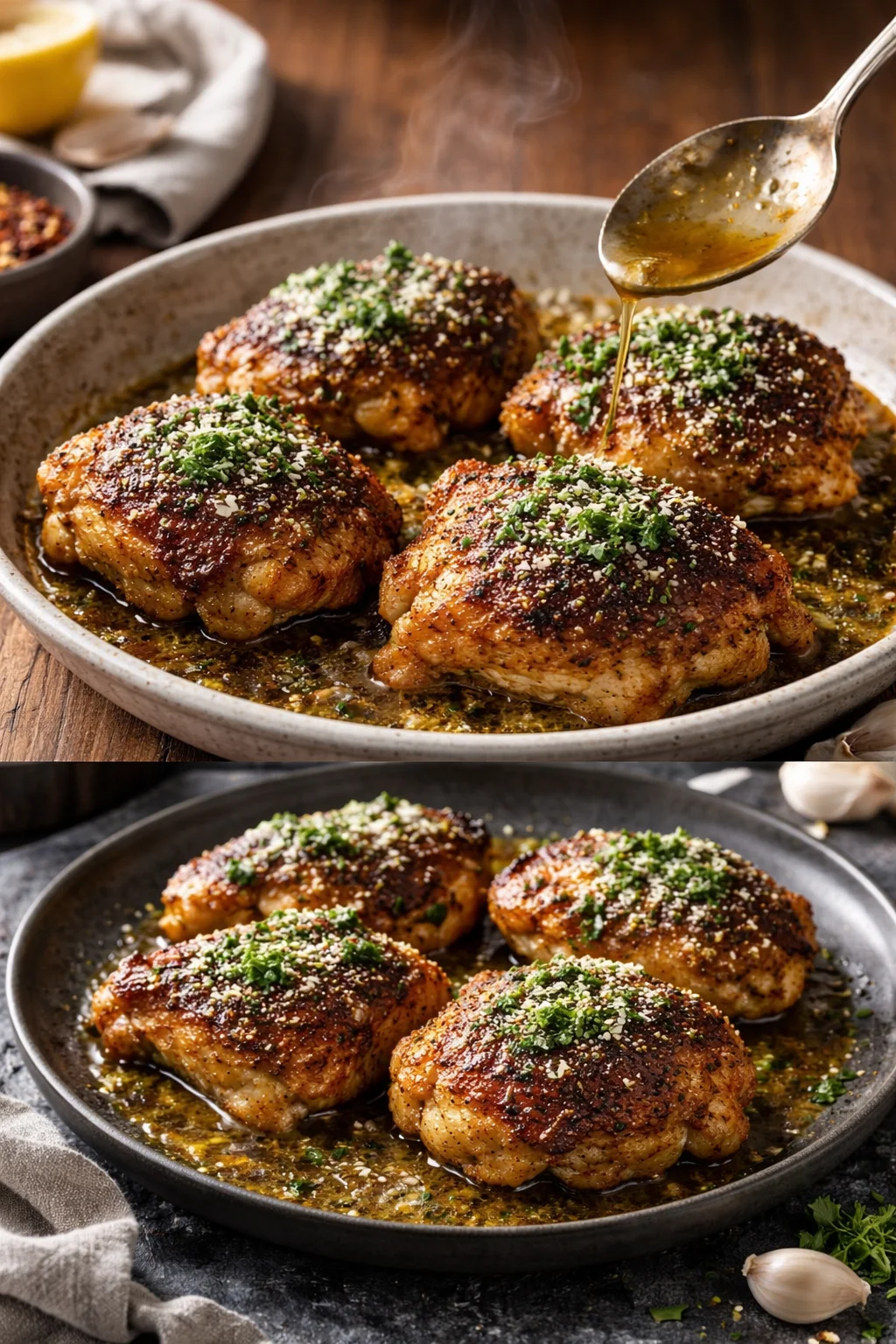 Garlic Parmesan Chicken thighs served on a plate garnished with fresh herbs.