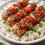 Greek marinated chicken kabobs with colorful veggies on skewers
