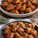Honey Garlic Chicken Bites served on a platter, garnished with sesame seeds and green onions.