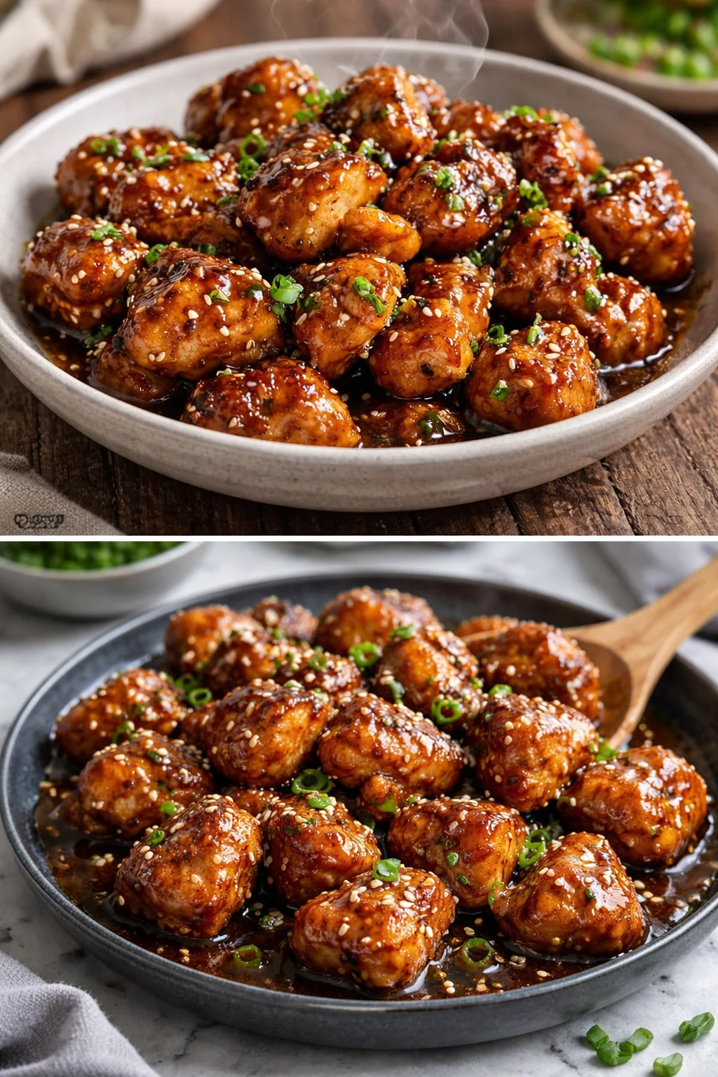 Honey Garlic Chicken Bites served on a platter, garnished with sesame seeds and green onions.
