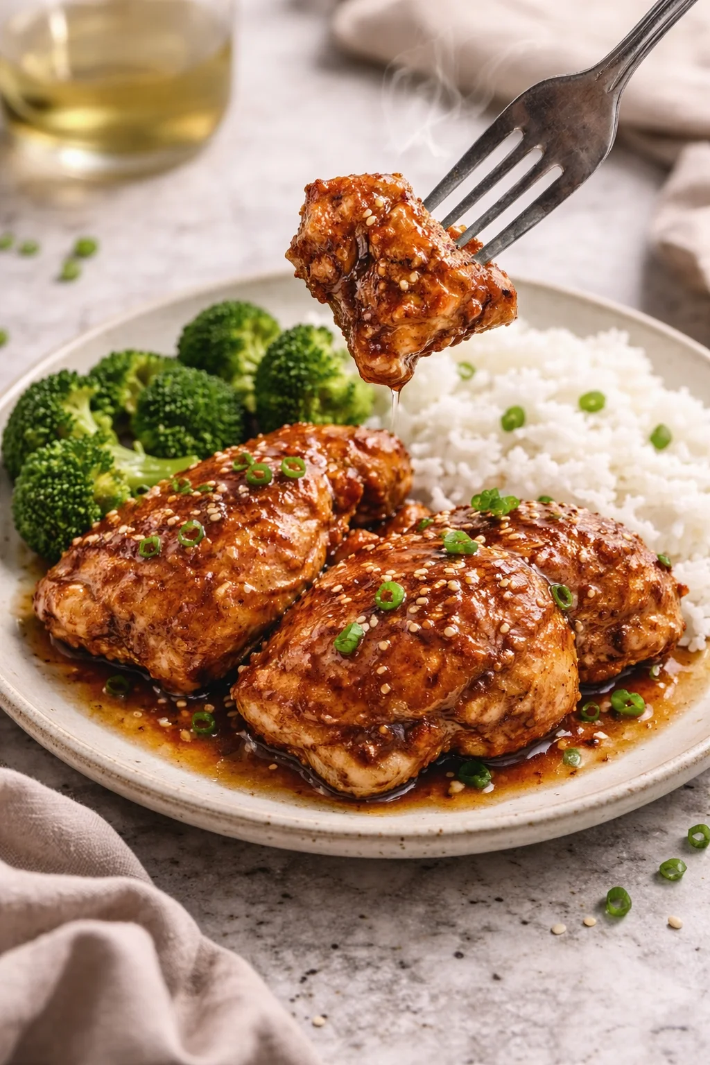 Delicious Honey Garlic Chicken Thighs with a glossy glaze and sesame seeds