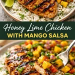 Honey lime chicken served with refreshing mango salsa on a plate