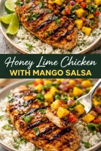 Honey lime chicken served with refreshing mango salsa on a plate