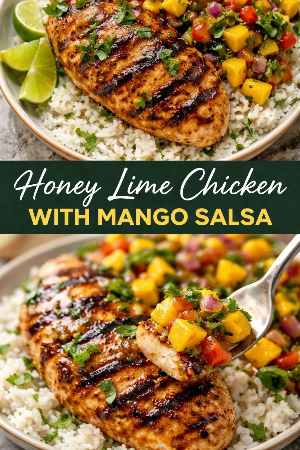 Honey lime chicken served with refreshing mango salsa on a plate