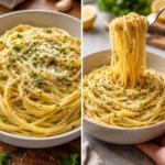 Delicious creamy garlic butter pasta garnished with parsley in a bowl