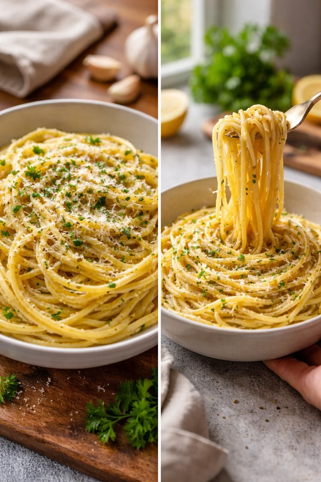 Delicious creamy garlic butter pasta garnished with parsley in a bowl