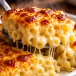 Indulgent Five Cheese Baked Macaroni and Cheese dish with a golden crust