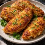 Air fryer Parmesan Crusted Chicken served on a plate with garnish.