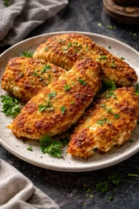 Air fryer Parmesan Crusted Chicken served on a plate with garnish.
