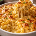 Delicious five cheese baked mac and cheese served in a creamy dish