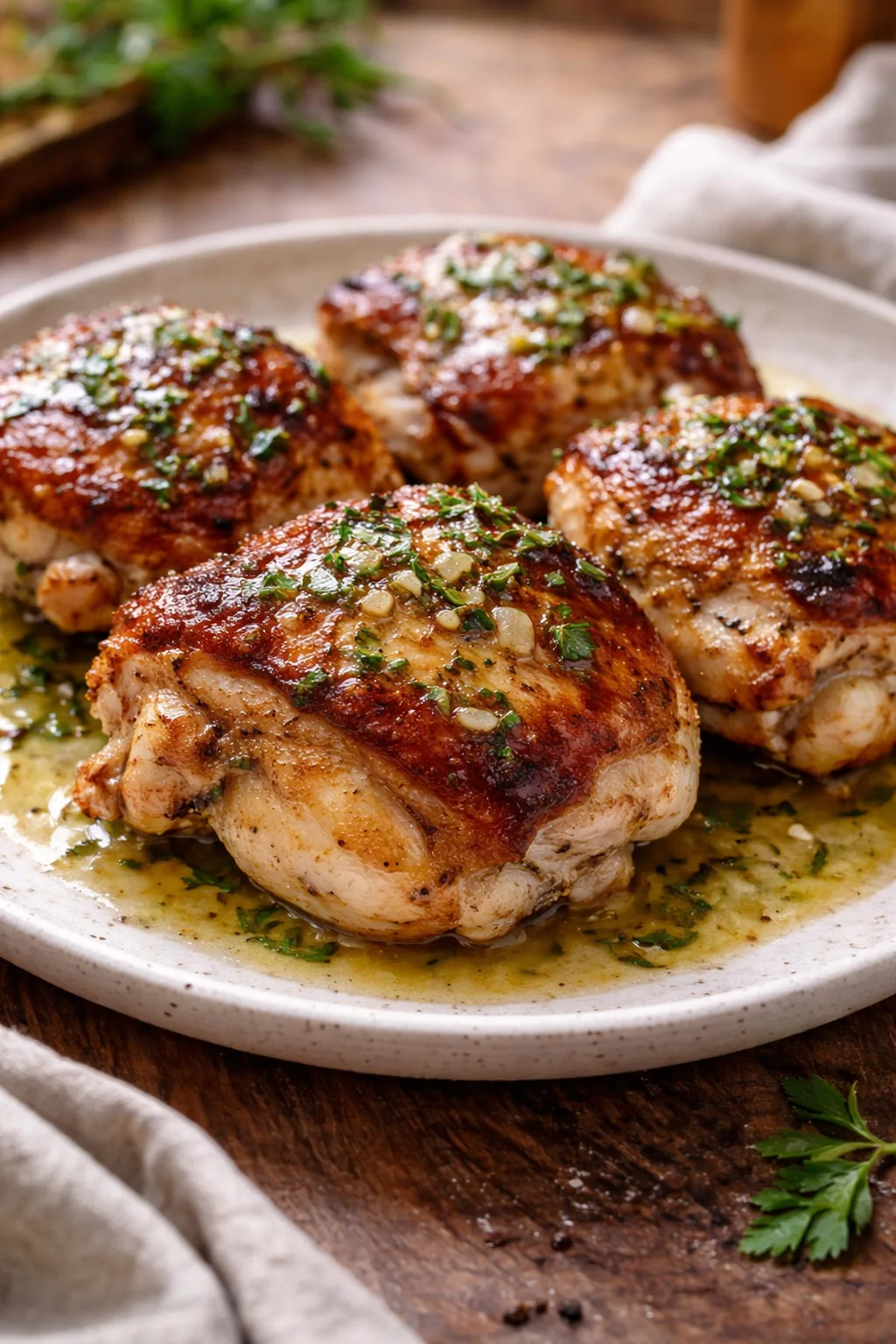 Juicy garlic herb butter baked chicken thighs served with herbs