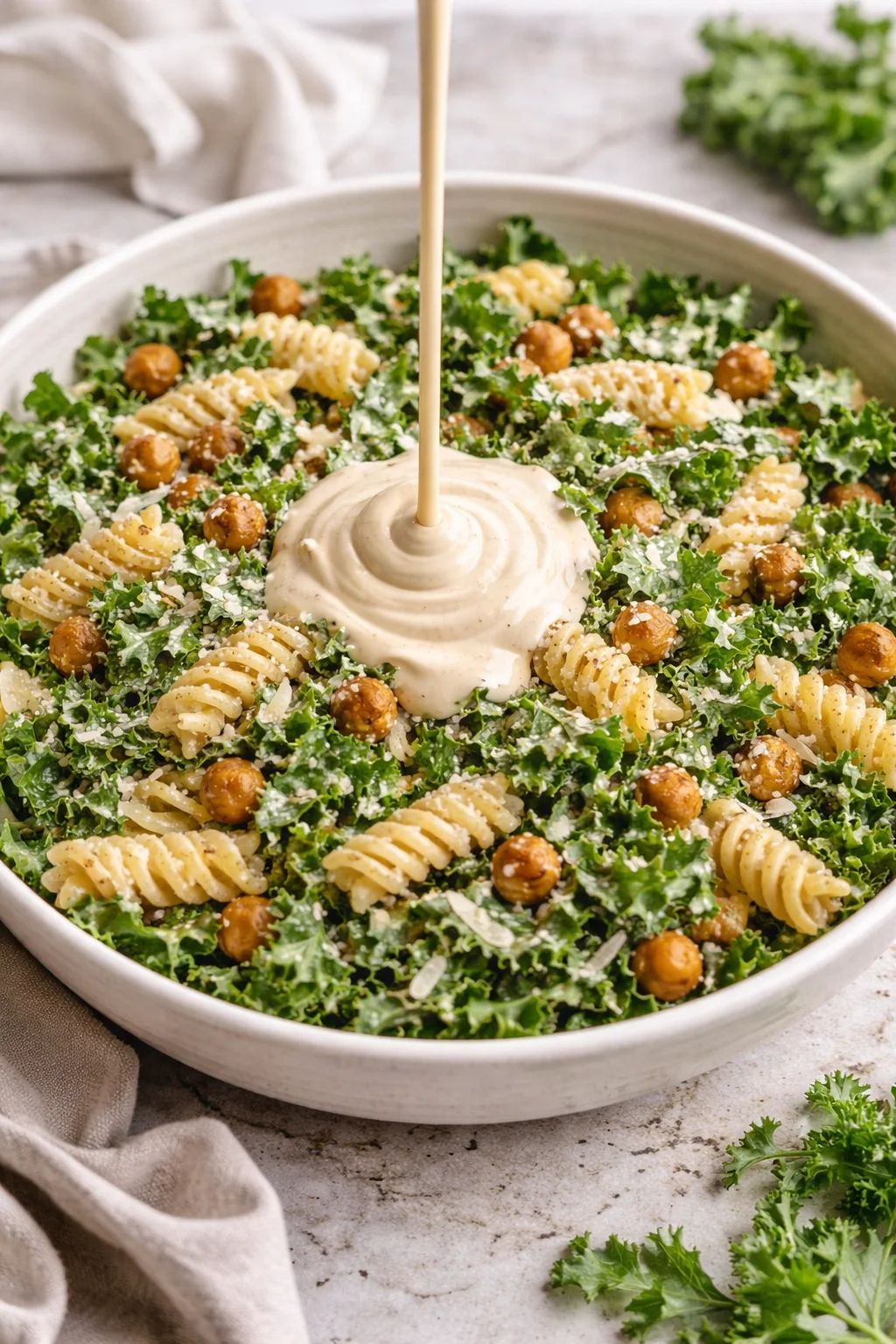 Bowl of vibrant Kale Caesar Pasta Salad with croutons and dressing