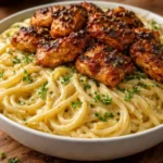 Plate of Lemon Garlic Butter Chicken with creamy parmesan pasta garnished with herbs