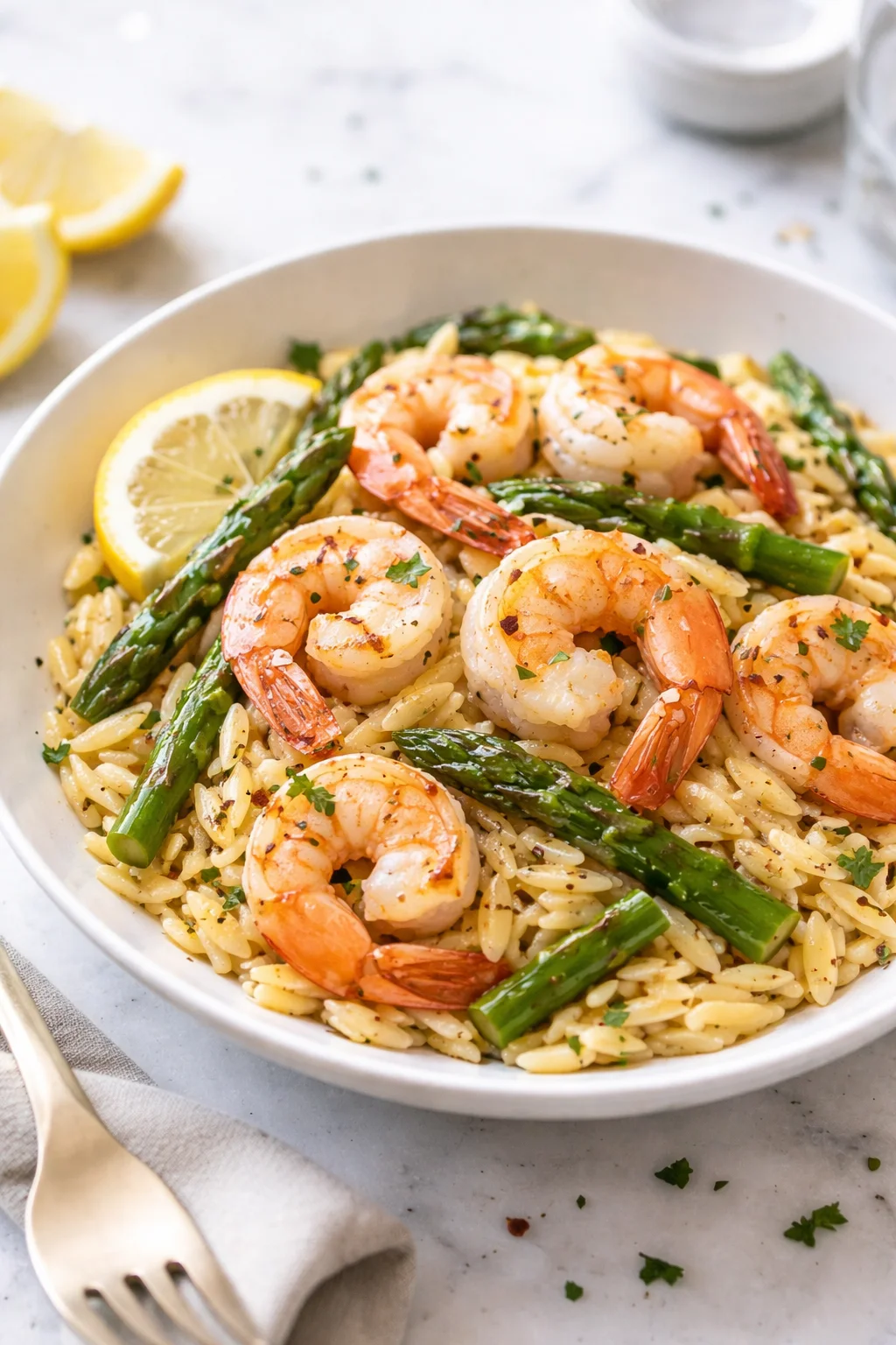 Lemon Garlic Shrimp served with asparagus and orzo pasta on a plate