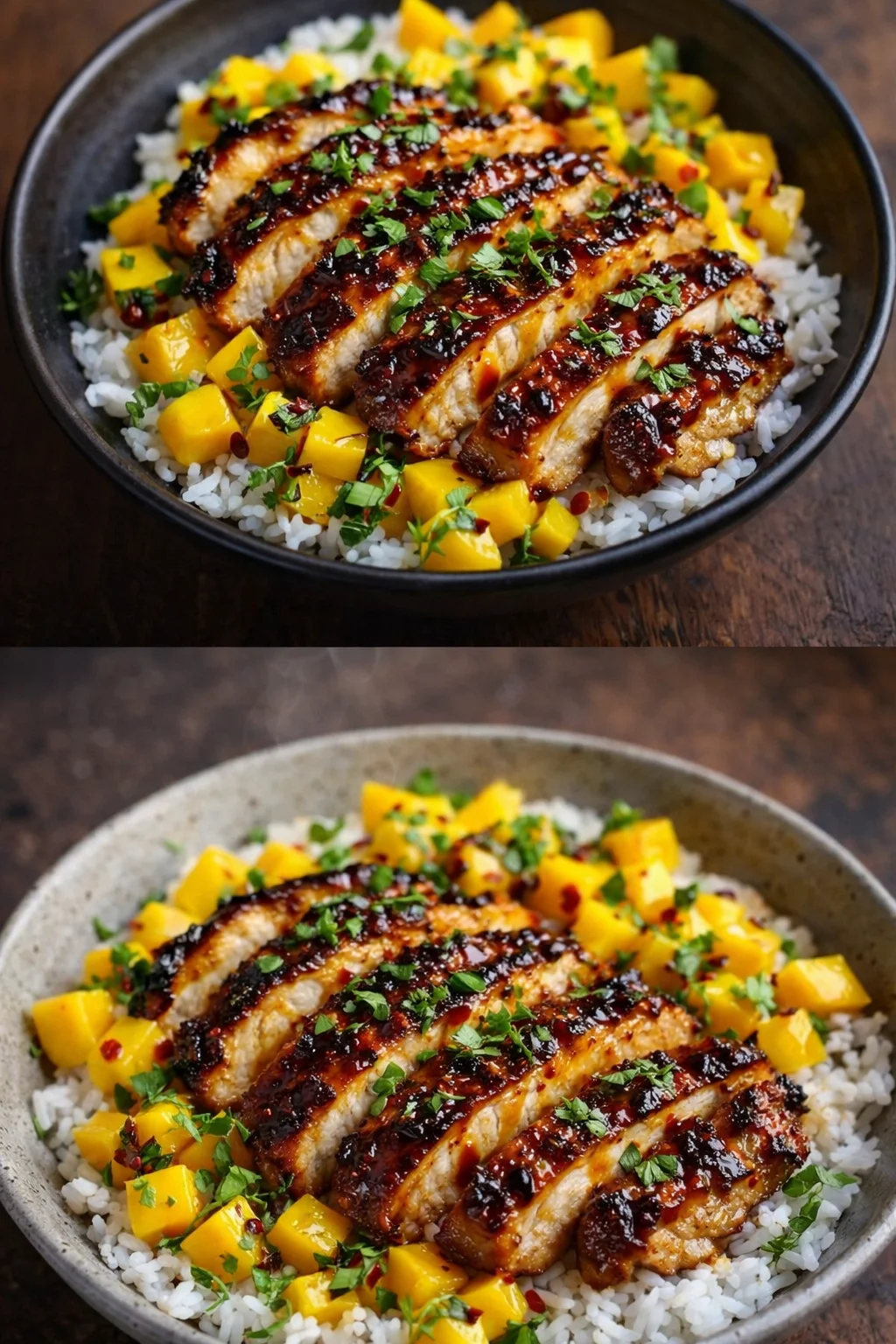 Delicious Mango Glazed Chicken Twists served on a plate with fresh mango slices