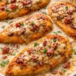 Delicious Marry Me Chicken served on a plate with herbs and vegetables.