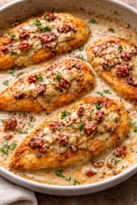Delicious Marry Me Chicken served on a plate with herbs and vegetables.