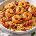 One Pot Marry Me Shrimp and Orzo Pasta served in a bowl with fresh herbs