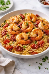 One Pot Marry Me Shrimp and Orzo Pasta served in a bowl with fresh herbs