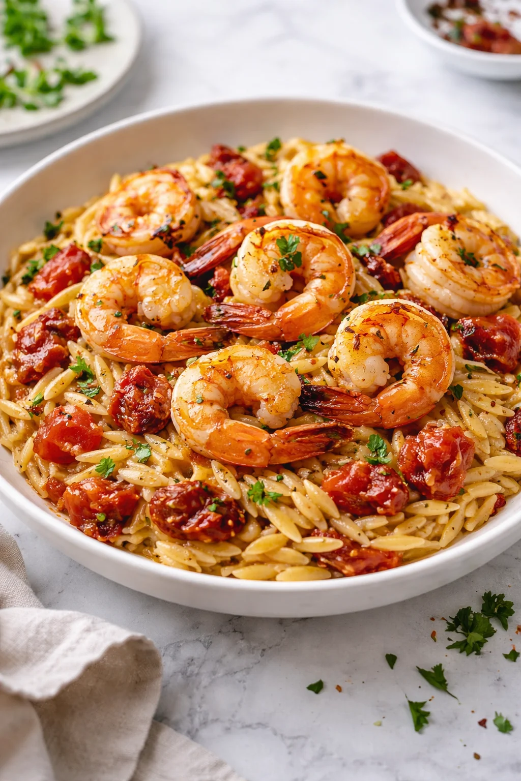 One Pot Marry Me Shrimp and Orzo Pasta served in a bowl with fresh herbs