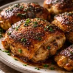 Crispy and juicy oven baked chicken thighs on a plate with herbs
