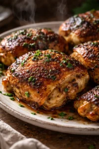 Crispy and juicy oven baked chicken thighs on a plate with herbs