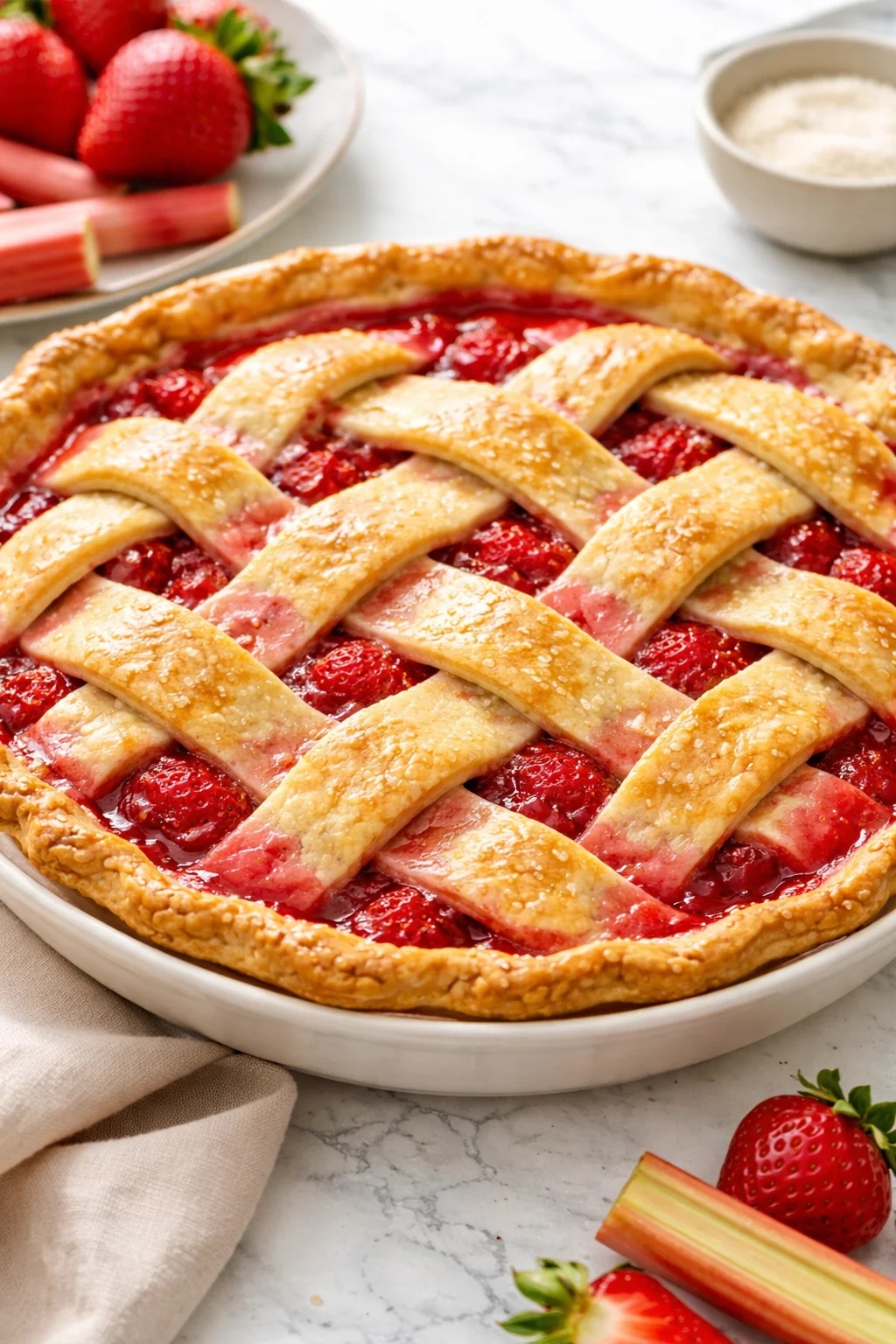 Pioneer Woman strawberry rhubarb pie slice on a plate with fresh berries
