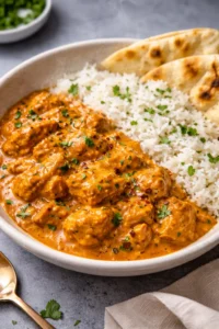 Delicious homemade butter chicken served with rice and naan bread.