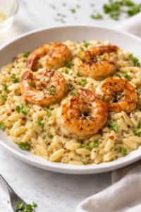 Delicious shrimp orzo in creamy wine sauce on a plate
