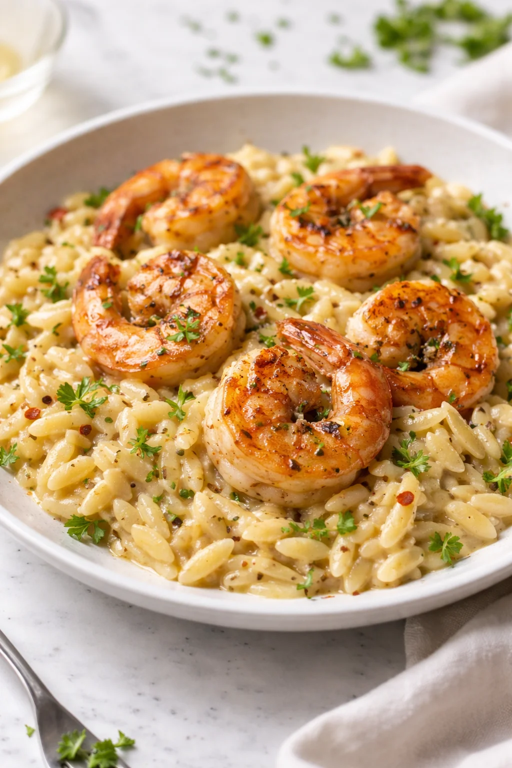 Delicious shrimp orzo in creamy wine sauce on a plate