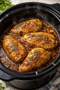 Slow cooker chicken breasts recipe with herbs and spices for flavorful meals