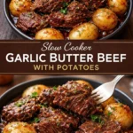 Slow cooker garlic butter beef with potatoes served on a plate.