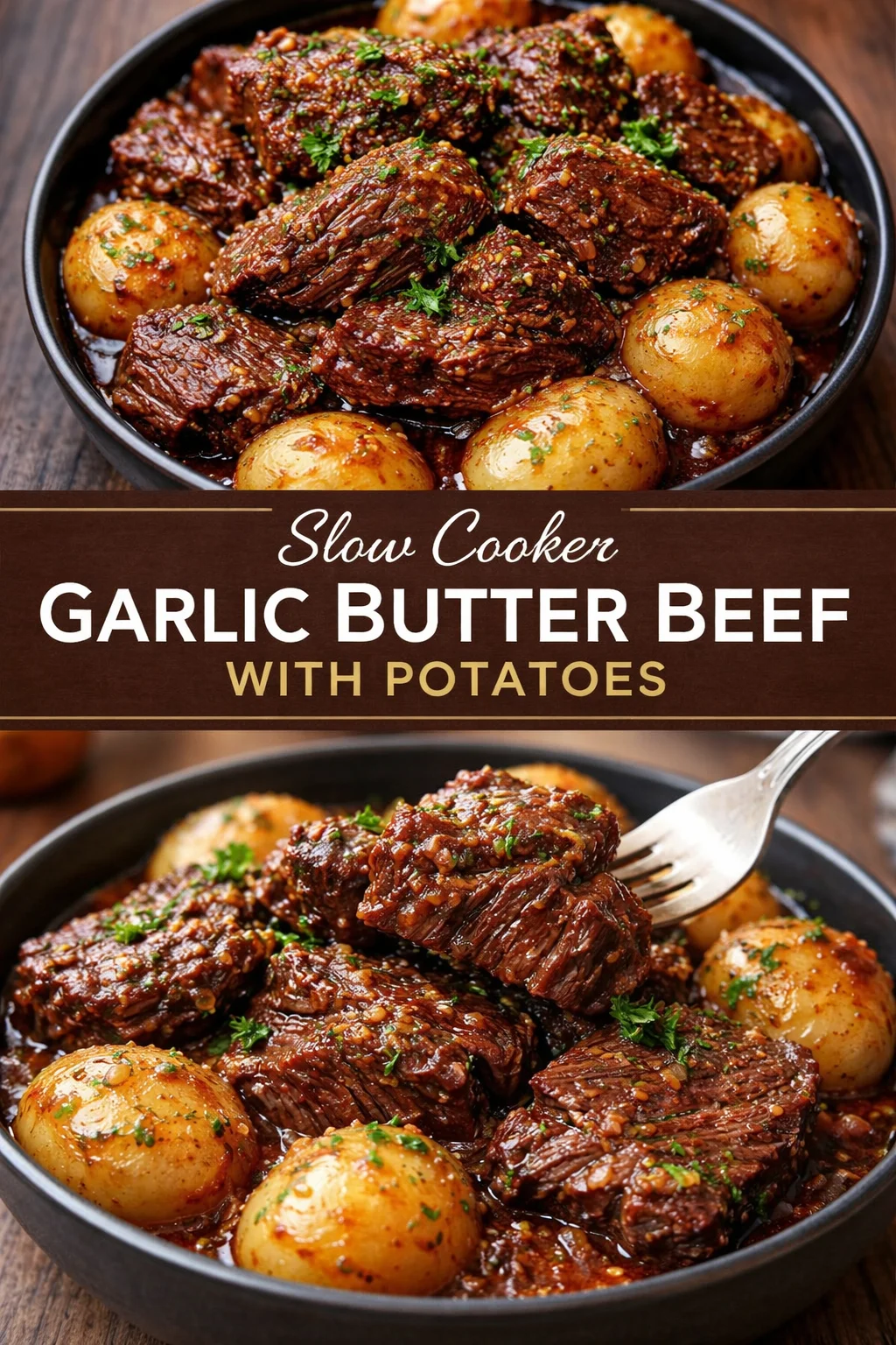 Slow cooker garlic butter beef with potatoes served on a plate.