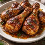 Slow cooker honey BBQ chicken drumsticks served with sides on a plate