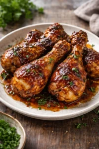 Slow cooker honey BBQ chicken drumsticks served with sides on a plate