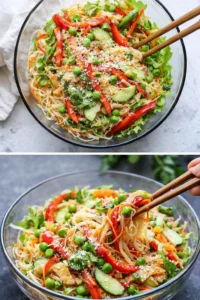 Delicious Spring Roll Salad with fresh vegetables and herbs in a bowl.