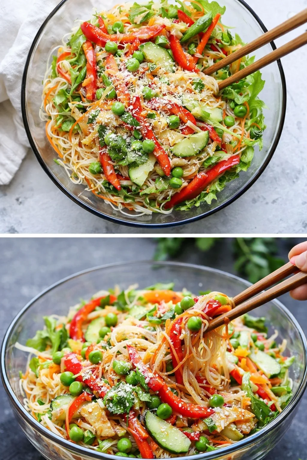 Delicious Spring Roll Salad with fresh vegetables and herbs in a bowl.