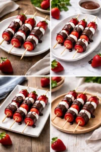 Delicious Strawberry Brownie Kabobs served on skewers for a fun dessert