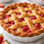 Delicious homemade strawberry rhubarb pie with a golden crust and fresh fruit filling.