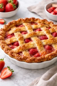 Delicious homemade strawberry rhubarb pie with a golden crust and fresh fruit filling.