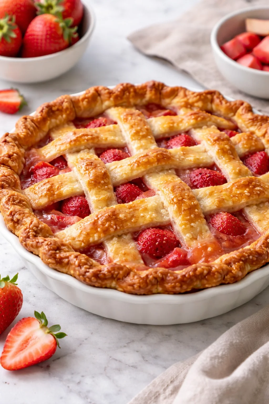 Delicious homemade strawberry rhubarb pie with a golden crust and fresh fruit filling.