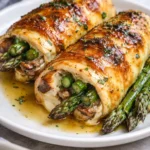 Stuffed chicken breast with cheese and asparagus, plated and garnished.