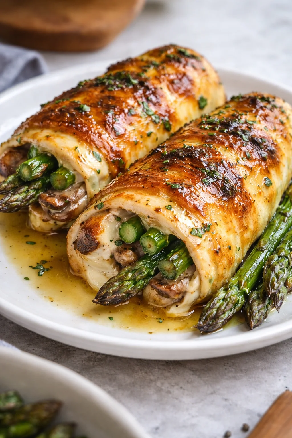 Stuffed chicken breast with cheese and asparagus, plated and garnished.