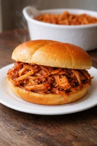 Delicious Crockpot BBQ Chicken served on a plate with sauce.