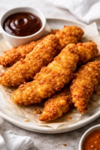 Crispy air fryer chicken tenders served on a plate with dipping sauce