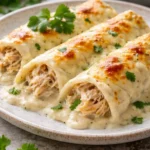 Delicious white chicken enchiladas topped with cheese and fresh cilantro