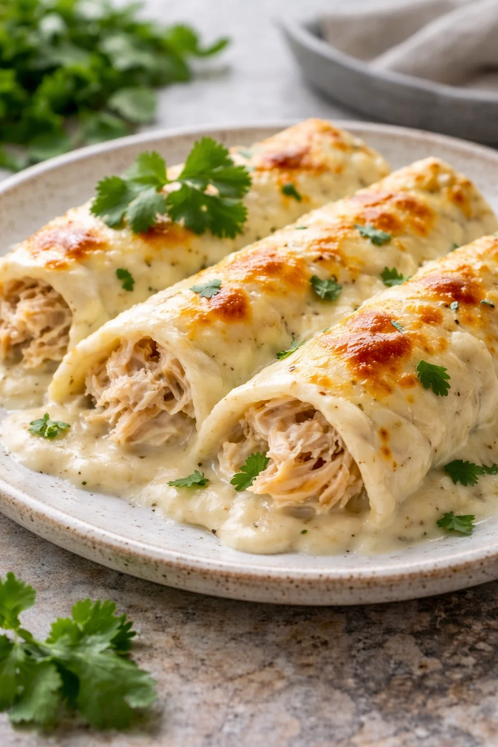Delicious white chicken enchiladas topped with cheese and fresh cilantro