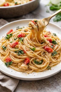 Delicious Baked Burrata served with fresh tomato pasta, garnished for presentation.