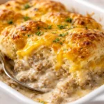 Delicious Biscuits and Gravy Casserole topped with sausage and creamy gravy