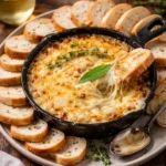 Delicious caramelized onion cheese dip served in a bowl with chips